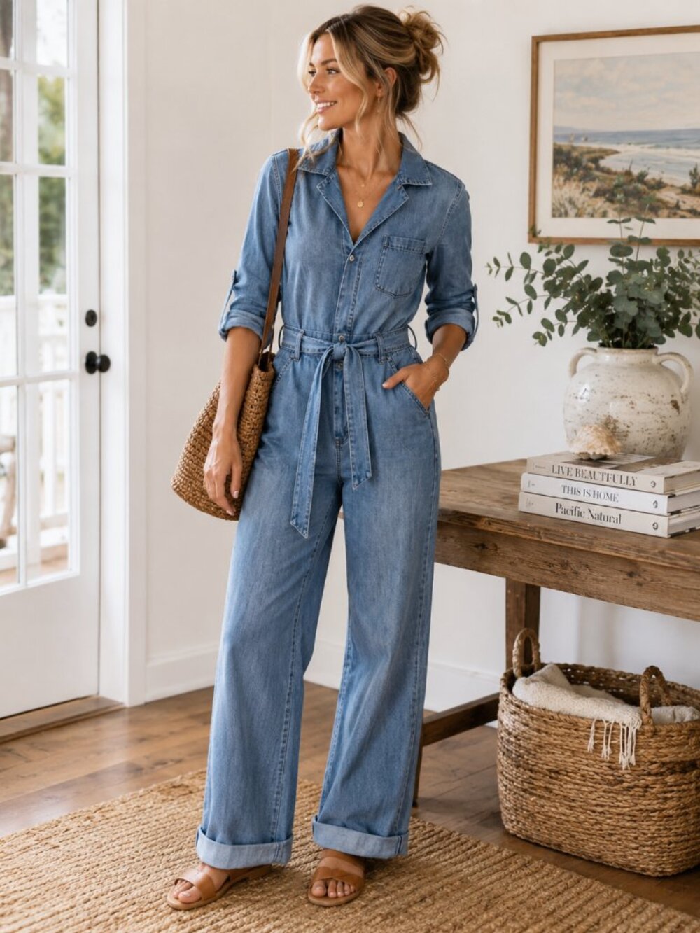 &Denim Chambray Belted Wide Leg Jumpsuit Women's Medium Button Front Sz 8 - Picture 1 of 14